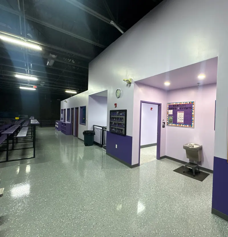 Gym lobby painted lavender and deep purple