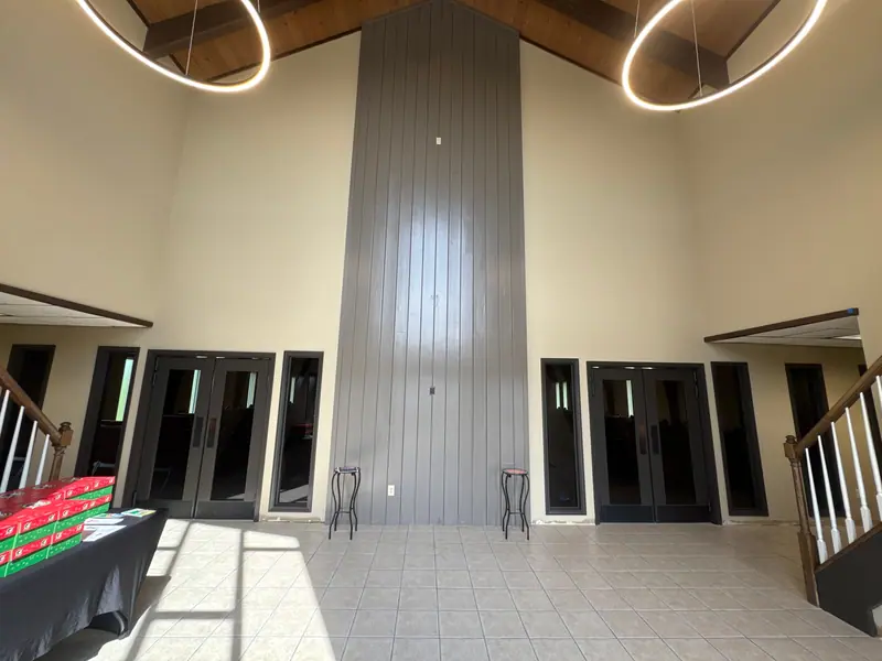 Church entry with a tall accent wall