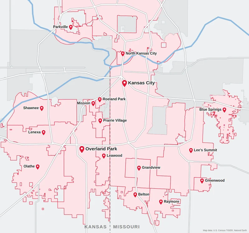 Map of the Kansas City Metro cities served by Arrowhead Painting